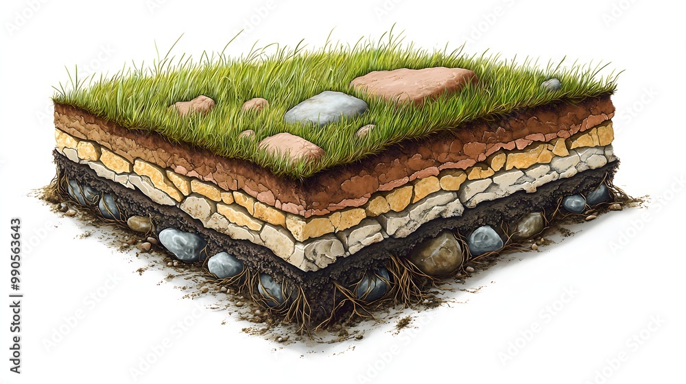 Poster 2. **illustrate a photo-realistic cross-section of soil, highlighting the different layers, grass ro