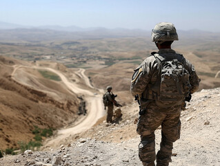 Middle East instability, dramatic border skirmishes.Two soldiers stand on a hill overlooking a dirt road