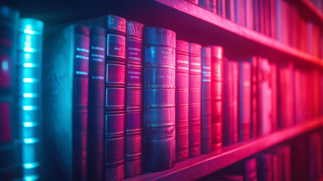 Illuminated book collection: Close-up view of books on a shelf in a library, with neon lights adding a futuristic and stylish element