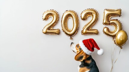 Fototapeta premium A cheerful beagle puppy in a Santa hat celebrating New Year's 2025 with golden balloons in a festive setting