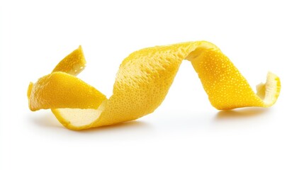 A single, curled lemon peel isolated on a white background.