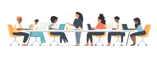 Cartoon-style flat illustration of a group of people working together in an office, sitting at a long table with laptops and papers on it