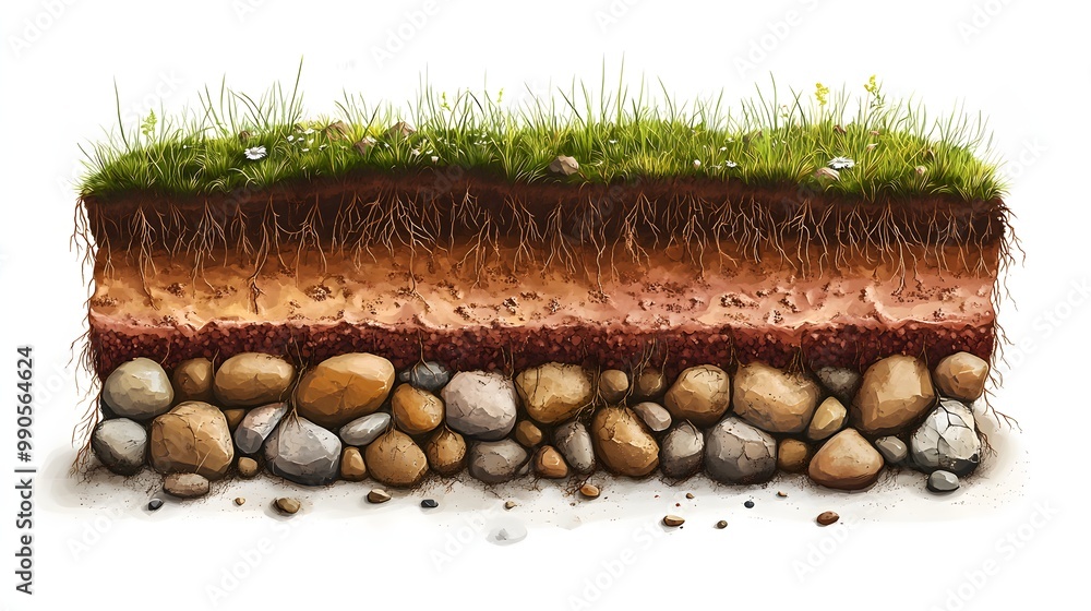 Poster 1. **create a detailed digital illustration of a layered cross-section of soil, showcasing rich brow