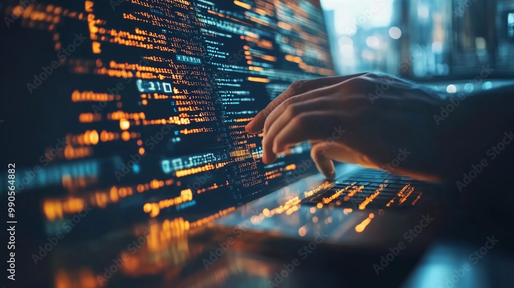 Poster a close-up of hands typing on a laptop surrounded by glowing code in a modern workspace with a city 