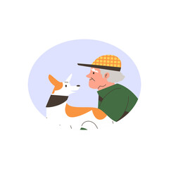 Vector icon with a happy old man and his dog on a white background