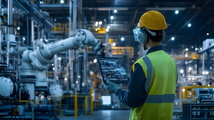 A man in a yellow and green safety vest is holding a tablet and looking at it. He is wearing a hard hat and safety glasses