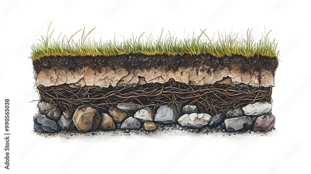 Poster 1. **create a detailed digital illustration of a layered cross-section of soil, showcasing rich brow