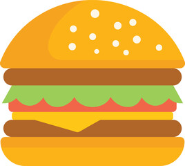 This vector illustration features a cartoon cheeseburger with meat patties, cheese, lettuce, tomato, and sesame seeds on a bun