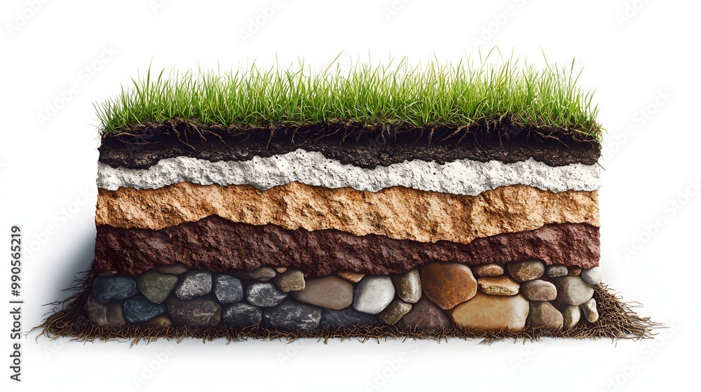 Poster 2. **illustrate a photo-realistic cross-section of soil, highlighting the different layers, grass ro