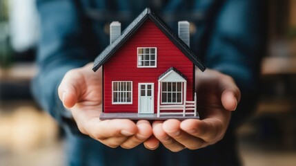 Close-up of hands holding a small red house model with white trim.