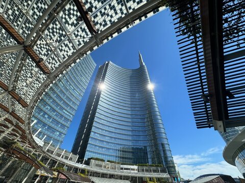 Milan, Italy - September 15, 2024: architectural detail of Piazza Gae Aulenti during a sunny day.