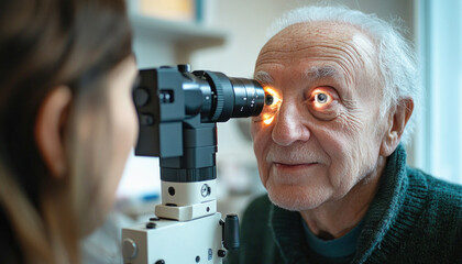 Senior man undergoing eye exam with slit lamp in clinic