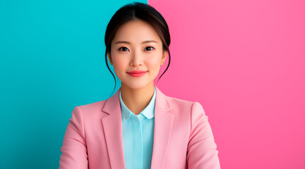 asian businesswoman, a flexible leader who adapts to changes in real time, manages multiple tasks with ease, neon lighting in a stylish office