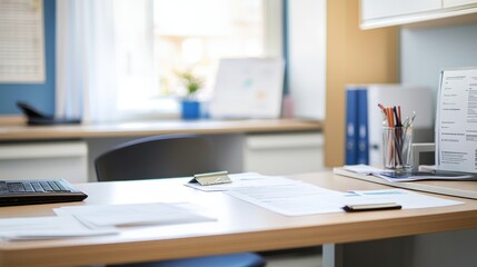 A modern office workspace with a desk, computer, and organized documents.