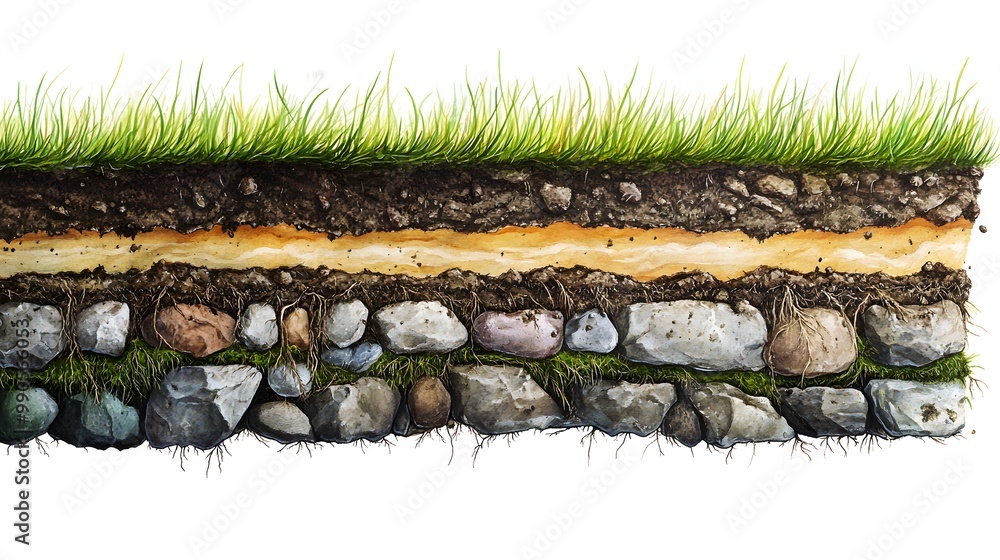 Poster 2. **illustrate a photo-realistic cross-section of soil, highlighting the different layers, grass ro