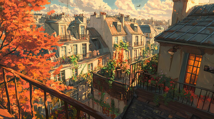 Fototapeta premium Anime Manga Art of European Rooftops – Beautiful Scenic View