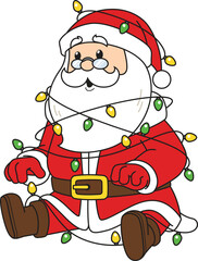 Cartoon santa claus tangled in christmas lights vector illustration