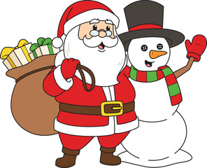 Cartoon santa claus hugging snowman vector illustration