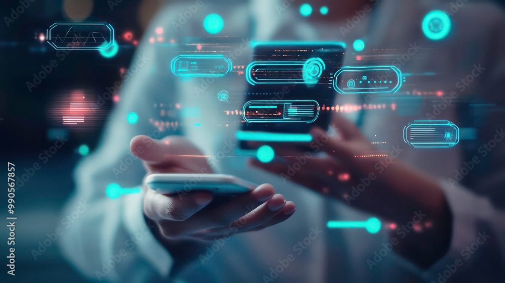 Poster a hand holding a phone with glowing hud elements overlayed, symbolizing the connection between the d