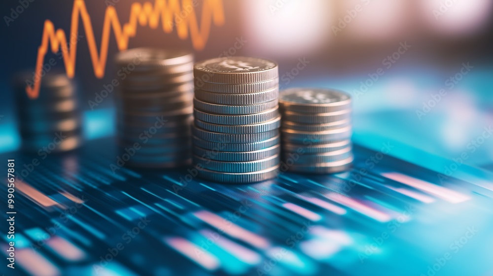 Poster financial growth visualization with stacked coins and stock market data in the background during a b