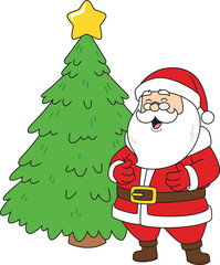 Cartoon santa claus next to christmas tree vector illustration