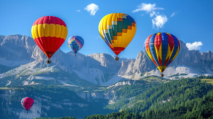 Fototapeta premium Colorful hot air balloons flying over mountain