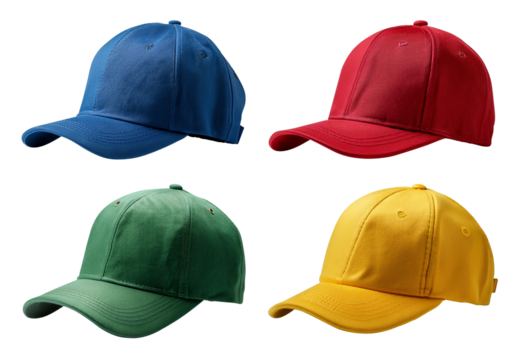The baseball cap mockup side view has blue, red, green, and yellow colors and a PNG file of isolated, cut-out objects with a transparent background