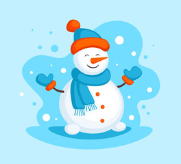 Cute snowman. Snowman with a hat, mittens and a scarf. New Year and Christmas card. Merry Christmas. Vector illustration