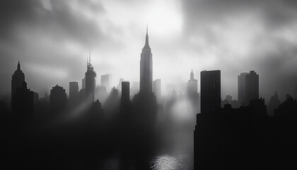 Obraz premium A black-and-white photo of a famous city skyline or iconic landmark, evoking a timeless, classic look