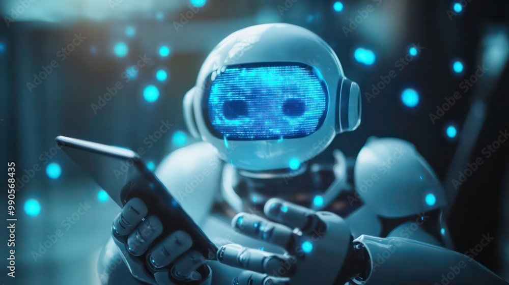 Poster a white humanoid robot with glowing blue digital code in its eye holds a smartphone.