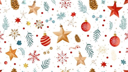 Christmas Seamless Pattern. Coniferous branches, cones, red artificial berries, thuja branches. Pattern for wrapping paper, greeting cards, invitations, fabric, prints