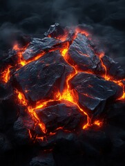 A glowing pile of cracked volcanic rocks, with bright orange lava seeping through, set against a dark, smoky background.