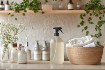 Eco friendly home cleaning products with reusable spray bottle organic ingredients and sustainable decor promoting zero waste natural lifestyle and non toxic household care