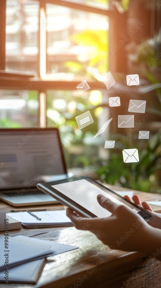Poster Professional working remotely with a tablet surrounded by email icons. Emphasis on modern digital workflows.