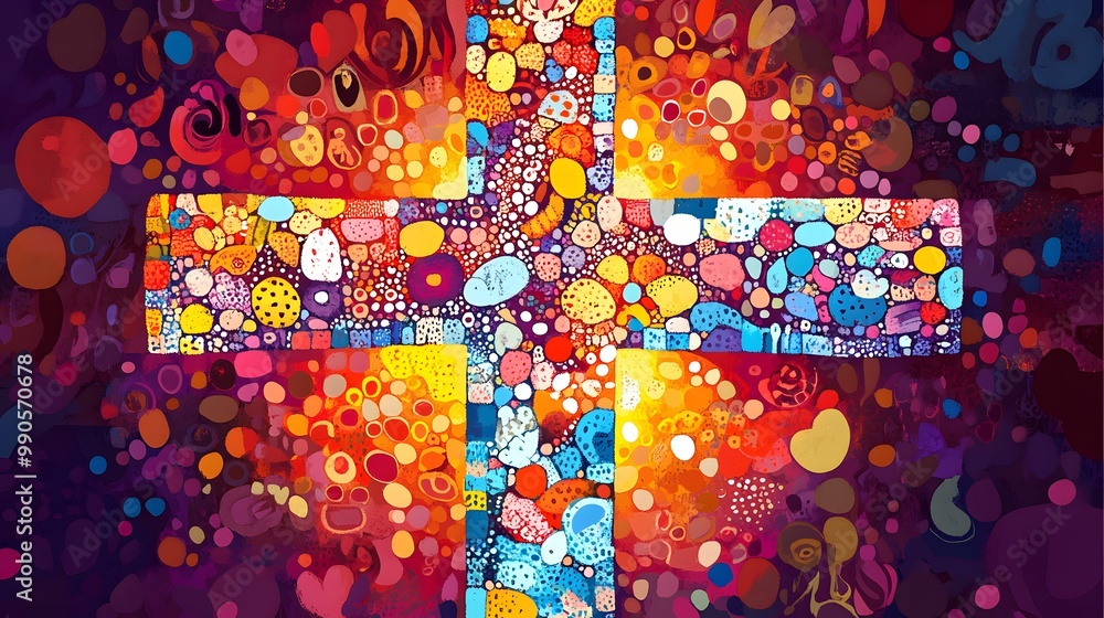 Poster 1. **create a vibrant vector illustration of a christian cross, featuring a mosaic of bright colors 