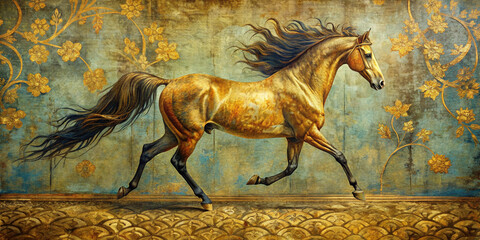 A majestic golden horse runs gracefully against a vintage floral background, showcasing power, beauty, and elegance in a timeless and artistic representation