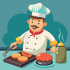 An illustration of a friendly chef preparing delicious burgers in a cozy kitchen. The chef wears a traditional white uniform with a hat and presents freshly made burgers
