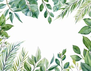 Obraz premium ฺBeautiful watercolor green leaf frame over white background - hand draw watercolor nature frame concept