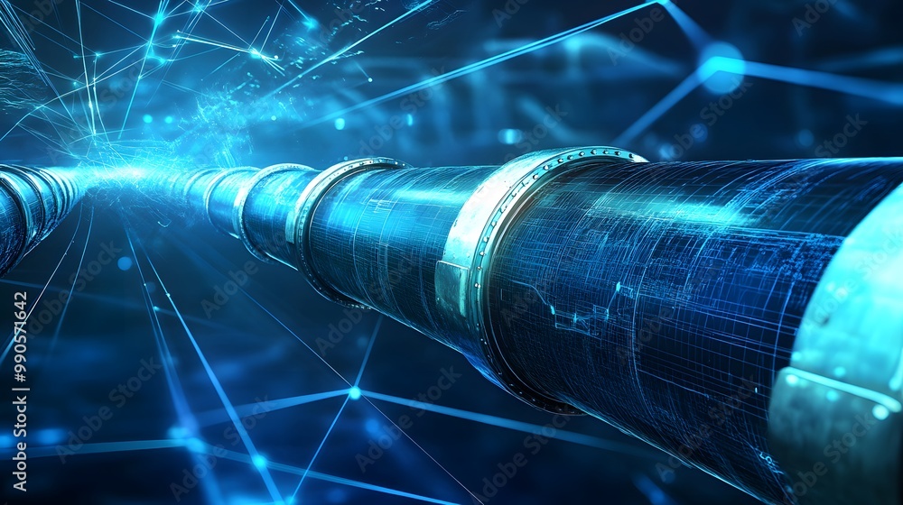 Aufkleber a blue pipe with a network of lines surrounding it. the pipe is shown in a futuristic style
