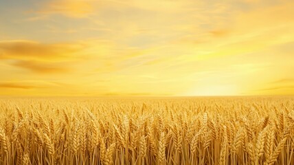 Naklejka premium A golden wheat field stretches under a bright sunset sky, showcasing nature's beauty and agricultural abundance.