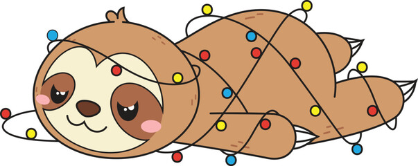 Cartoon sloth tangled in christmas lights vector illustration © heyclipart