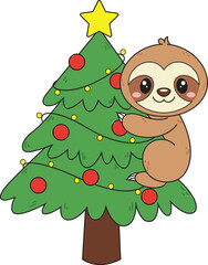 Cartoon sloth on christmas tree vector illustration