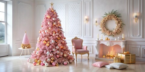Elegant pink christmas tree with festive decorations in a luxurious living room setting