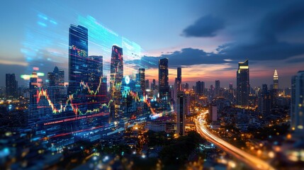 Fototapeta premium Graph of GDP growth over a vibrant city skyline, illustrating economic prosperity,