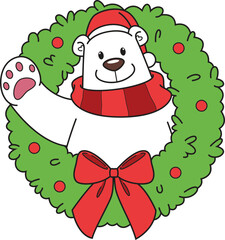 Cartoon polar bear in xmas wreath vector illustration