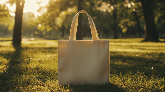 
A concept image of a tote bag mockup featuring a blank tote resting in a sunlit park, showcasing a spacious, sturdy cloth design with parallel handles, offering ample copy space for customization.
