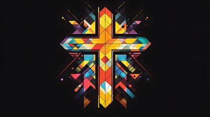 3. **Depict a bold vector illustration of a Christian cross, filled with radiant colors and geometric shapes. The design should convey a sense of energy and hope, isolated on a solid background to