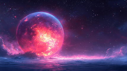 A breathtaking cosmic scene featuring a vibrant, glowing moon illuminating a tranquil ocean under a starry night sky.