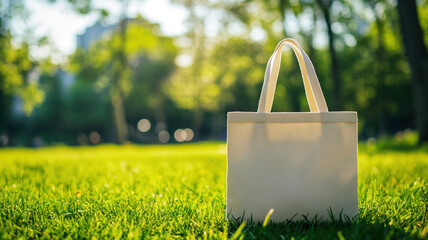 
A concept image of a tote bag mockup featuring a blank tote resting in a sunlit park, showcasing a spacious, sturdy cloth design with parallel handles, offering ample copy space for customization.