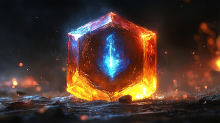 A glowing crystal cube radiating vibrant colors, symbolizing energy and strength, set against a mystical background.